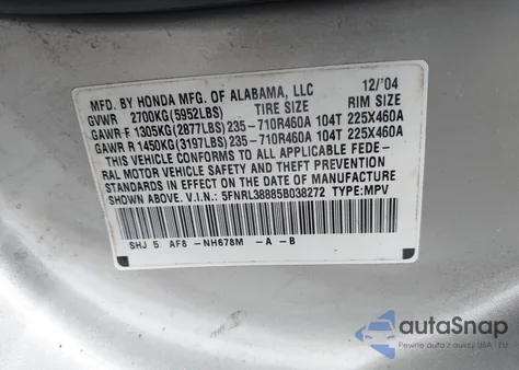 2005 Honda Odyssey Touring из США, поврежденный, VIN 5FNRL38885B038272